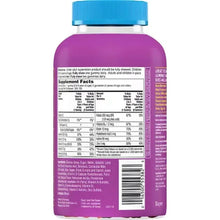 Supplement Facts nutrition table on the back of a purple children’s multivitamin gummies bottle