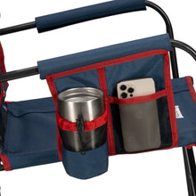 Chair side storage pouch with metal cup holder and phone pocket, red trim on blue