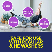 OxiClean odor blasters usage graphic with icons for socks, workout clothes, towels, and pet bedding