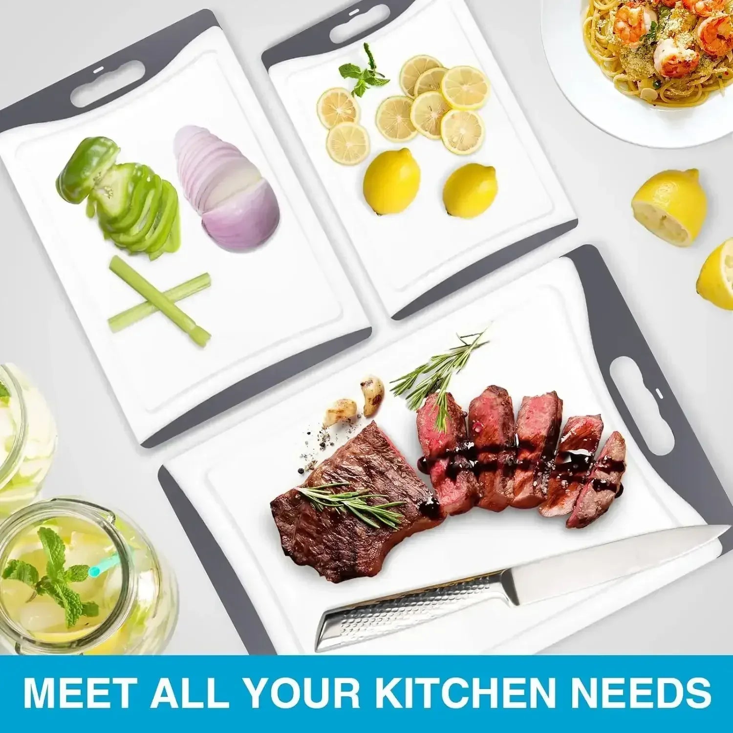 Cutting Boards for Kitchen, Plastic Cutting Board Set of 3, Dishwasher Safe Cutting Boards w/Juice Grooves for Meat, Veggies, Easy Grip Handle, Serveware Accessories