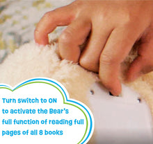 Plush bear book pages, hand switches on for reading all stories