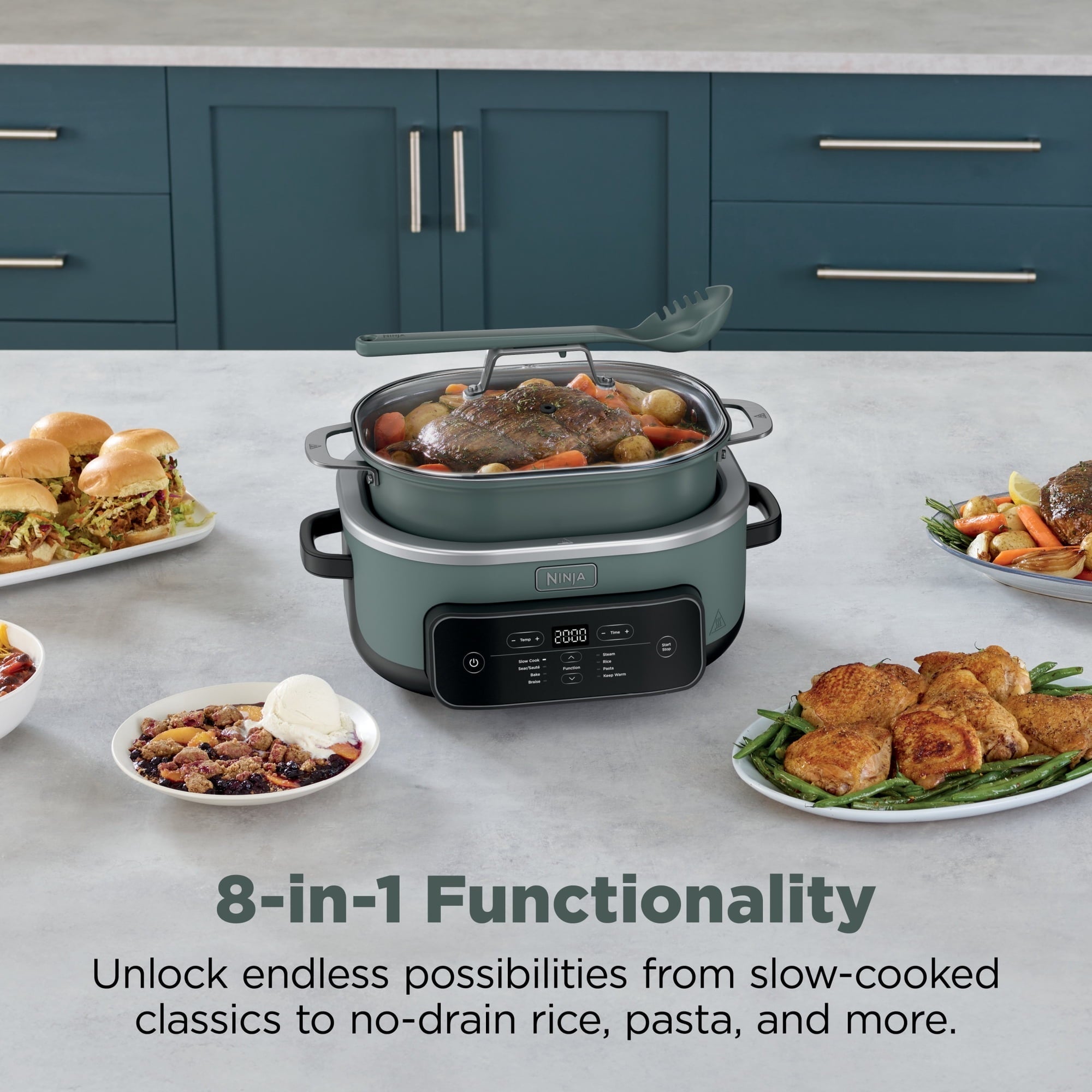 Ninja 8-in-1 PossibleCooker Plus 7.5 Qt Multi-Cooker, Slow Cooker, Steamer, Dutch Oven, MC2000 Sage Green