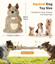 Grey plush squirrel dog toy with orange tag and white belly treat pouch