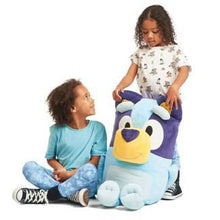 Light blue and purple super soft plush character with yellow face, held upright