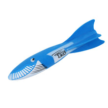 Blue kids diving torpedo pool toy with striped fish mouth graphic and fin