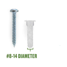 Steel screw with white nylon wall anchor plug, #8-14