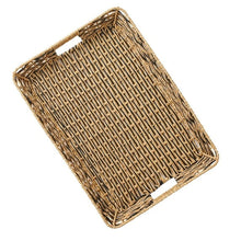 Rectangular woven rattan serving tray with raised rim and corner posts