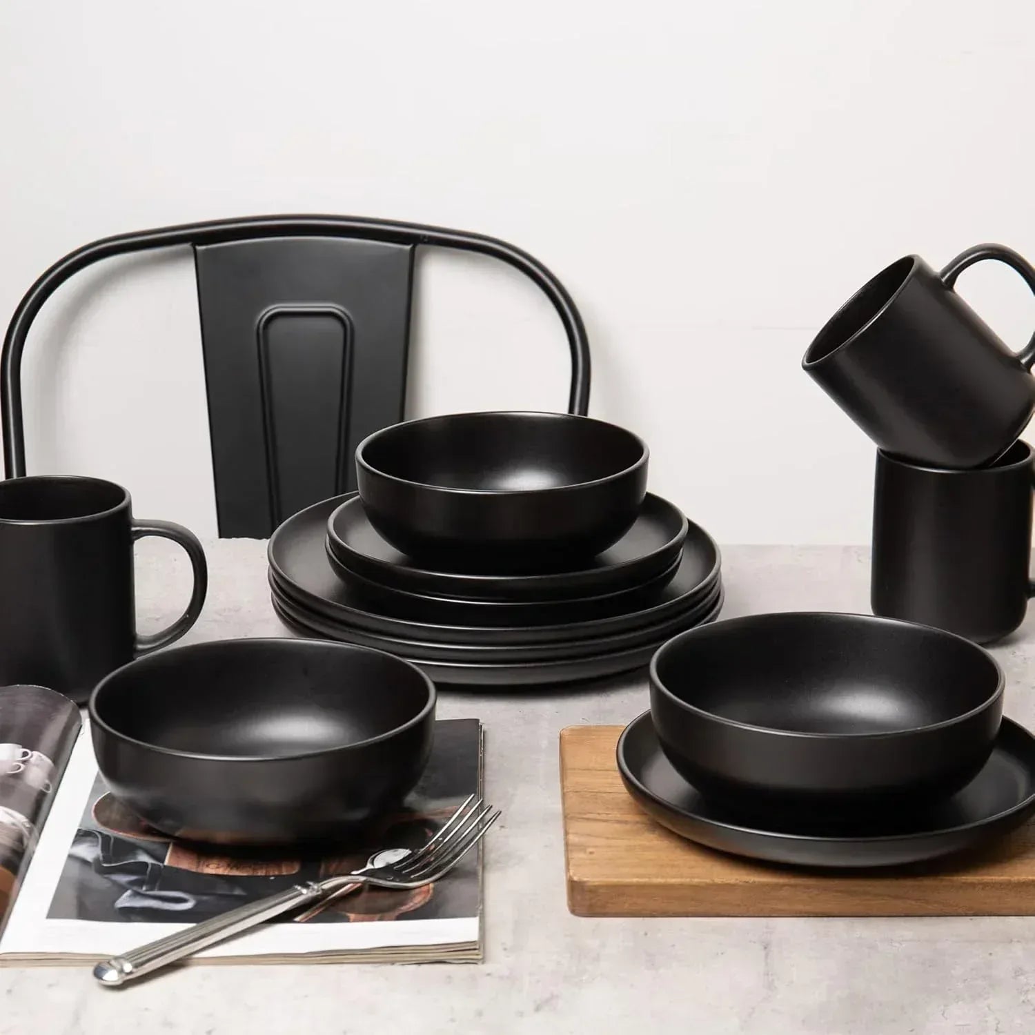 12-Piece Stoneware Dinnerware Set with Mugs | Microwave and Dishwasher Friendly | Stackable Matte Glaze Plates & Bowls | Service for 3 (Black for 3)