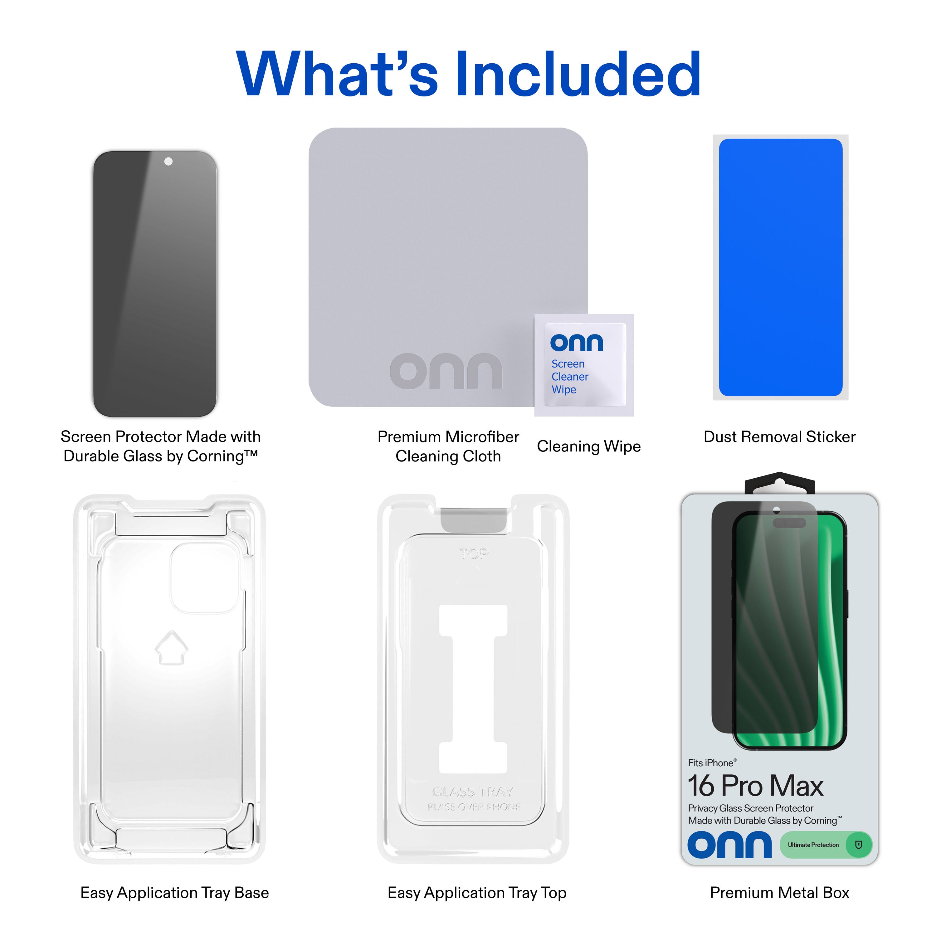onn Privacy Glass Screen Protector for iPhoneÂ® 16 Pro Max, Made with Durable Glass by Corningâ„¢ for Ultimate Protection, Includes Easy Application Tray
