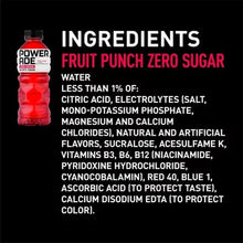 Powerade Zero Fruit Punch sports drink bottle, red liquid, black cap