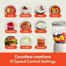 Countertop blender with clear pitcher and control mode icons for smoothies, soups, and more