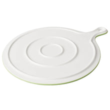 Plain white ceramic serving board with mint green rim and side handle loop
