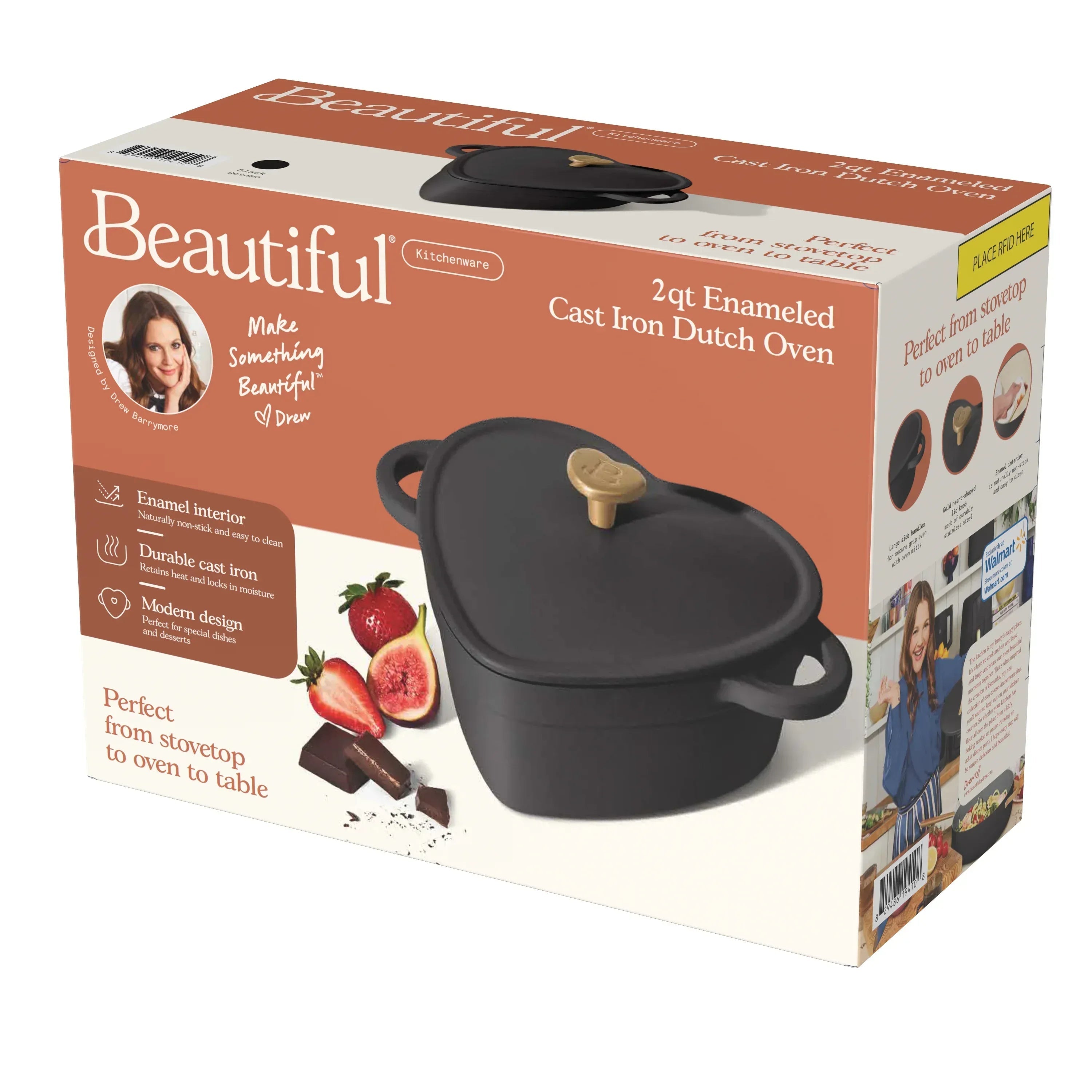 Beautiful 2QT Cast Iron Heart Dutch Oven, Black Sesame by Drew Barrymore
