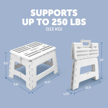 White folding step stool with dimensions and side access cutouts
