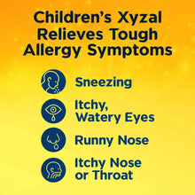 Children's allergy relief liquid symptom icons: sneezing, itchy eyes, runny nose