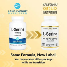 Two L-Serine 900 mg supplement bottles on label transition graphic