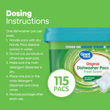 Dishwasher pacs dosing instructions panel with teal-lid, green tub, 115 pacs