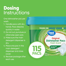 Dishwasher pacs dosing instructions panel with 115-count Original Fresh Scent tub