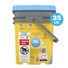 Clumping cat litter pail, 35 lb back label with directions and warning icons