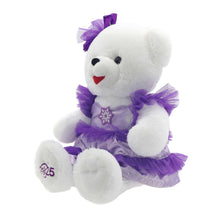 White teddy bear plush in purple tutu dress with snowflake emblem, layered ruffles, bow