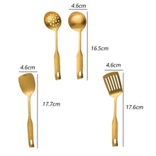 Golden utensil set with labeled dimensions for ladle, skimmer, spatula, and spoon.