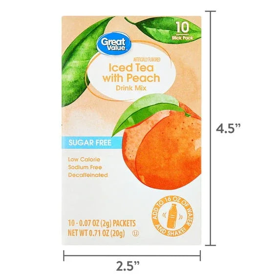 Great Value Sugar-Free Iced Tea with Peach Powdered Drink Mix, 0.07 oz, 10 Packets