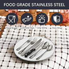 Stainless steel silverware set shown on a plate with utensils and ergonomic knife handles