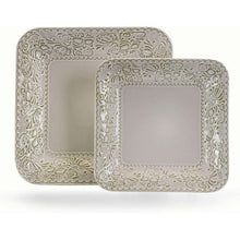 Ivory square dinner plates with embossed lotus frame and lattice pattern