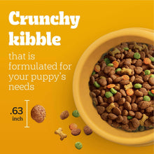 Crunchy kibble in a bowl with small colorful pieces for puppies