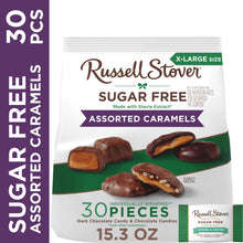 Russell Stover sugar-free assorted caramel chocolates, front bag with individually wrapped pieces