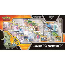 Trading card premium collection box with Lucario V and Tyranitar V artwork