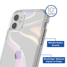 Clear iridescent phone case with side buttons and camera openings, angled view