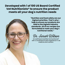 Veterinarian nutritionist portrait with text about dog food nutrition standards and safety.