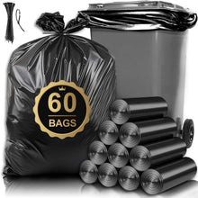 Black heavy-duty trash bag bundle with tied top and stacked bag rolls