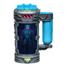Tall lab mutator container with blue tank and pink stripes, beast window front