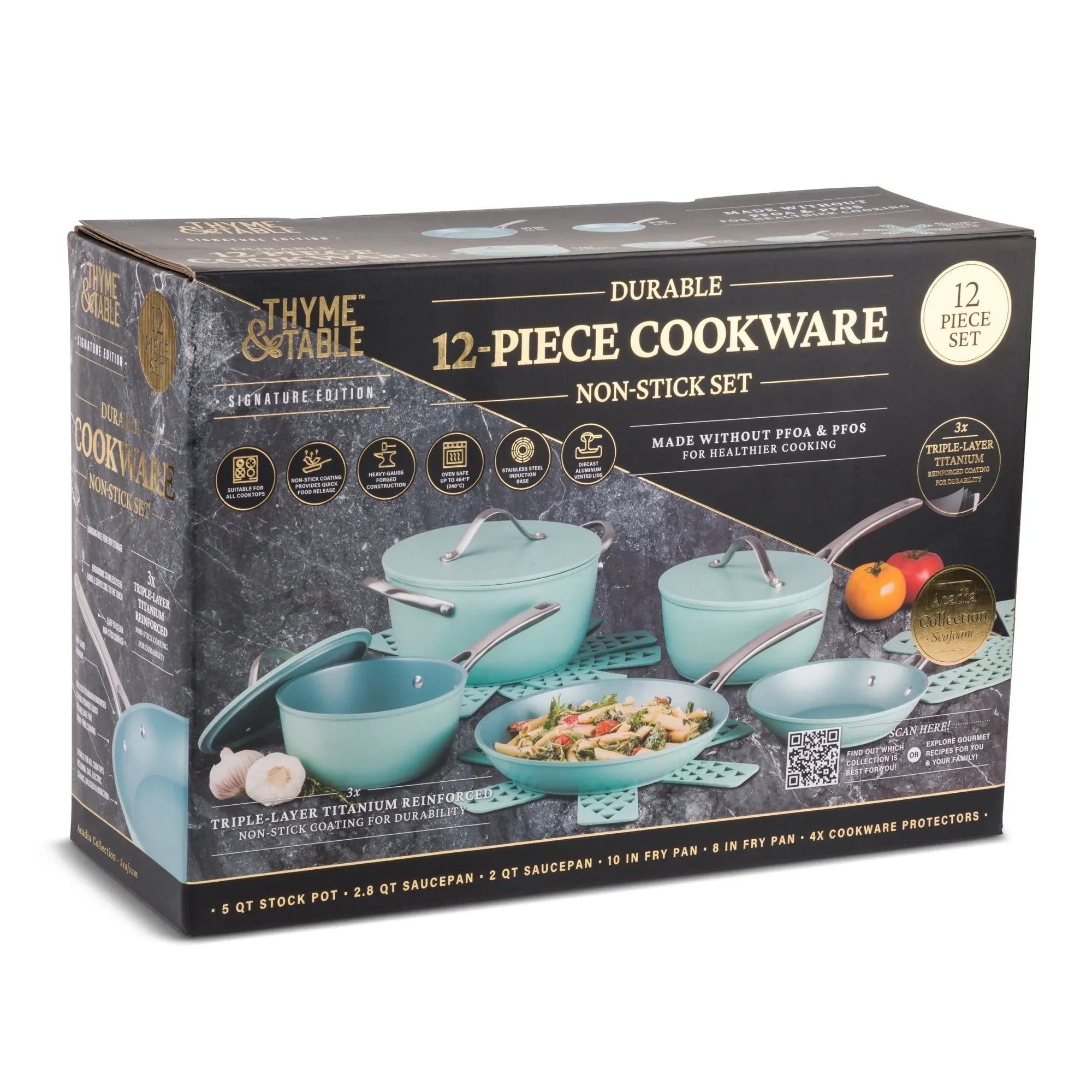 Thyme & Table 12 Piece Non-Stick Acadia Cookware Set, Pots and Pans Set - Blue - USA MEGA SHOP