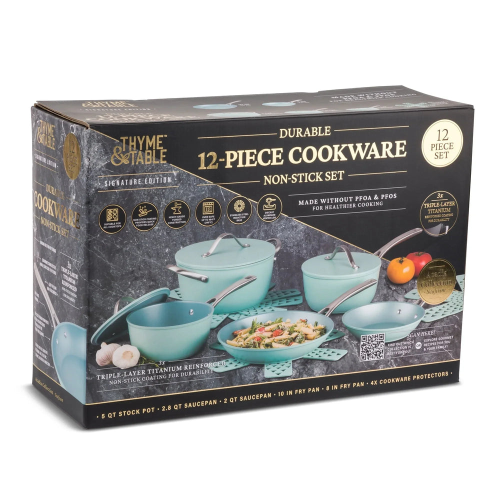 Thyme & Table 12 Piece Non-Stick Acadia Cookware Set, Pots and Pans Set - Blue - USA MEGA SHOP