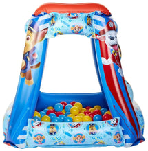 Inflatable Paw Patrol ball pit with colorful plastic balls inside and blue base wall