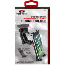 Tuff Tech Super Stick phone holder retail package showing black mount with red suction top