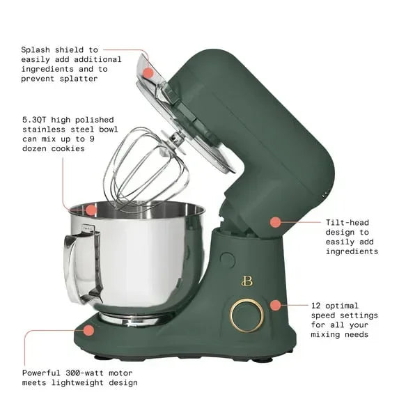 Beautiful 5.3 Qt Stand Mixer, Black Sesame with Flat Beater, Dough Hook, Balloon Whisk