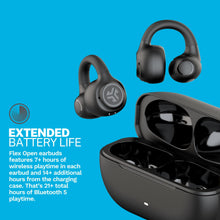 Black open-ear clip earbuds and charging case, earbuds shown separately on a blue backdrop
