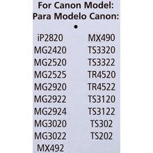 Canon ink cartridge compatibility list with model numbers printed on package insert