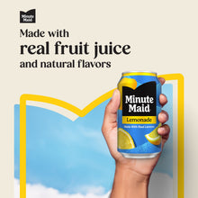 Lemonade drink can held by hand, blue label with lemon slice