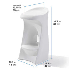 White in-pool stool with curved top, side openings, and arched front cutout
