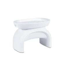 White side table with curved legs and recessed serving tray top, product view