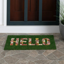 Outdoor coir doormat, green with floral “HELLO” text