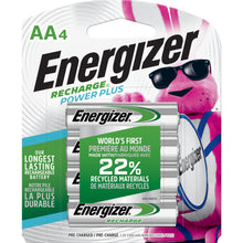 AA rechargeable battery 4-pack blister with two visible batteries and recycling badge