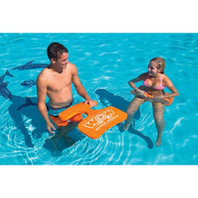 Orange saddle seat float with WOW branding floating in a swimming pool