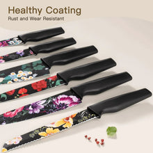 Set of six kitchen knives with floral blades and black handles, arranged in a row