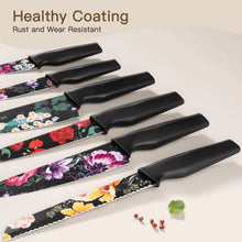 Six floral kitchen knives with black handles, arranged in a row